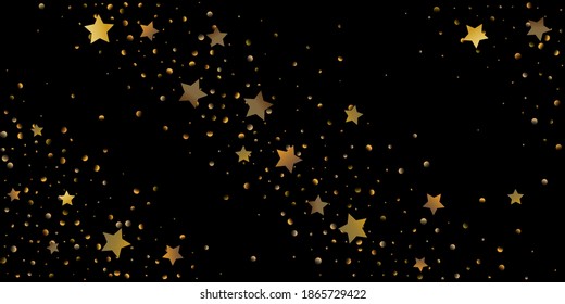 Star of confetti. Falling starry background. Random stars shine on a black background. The dark sky with shining stars. Flying confetti. Suitable for your design, cards, invitations, gifts. 