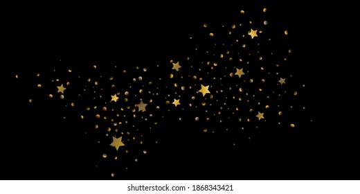 Star of confetti. Falling starry background. Random stars shine on a black background. The dark sky with shining stars. Flying confetti. Suitable for your design, cards, invitations, gifts. 