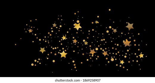 Star of confetti. Falling starry background. Random stars shine on a black background. The dark sky with shining stars. Flying confetti. Suitable for your design, cards, invitations, gifts. 