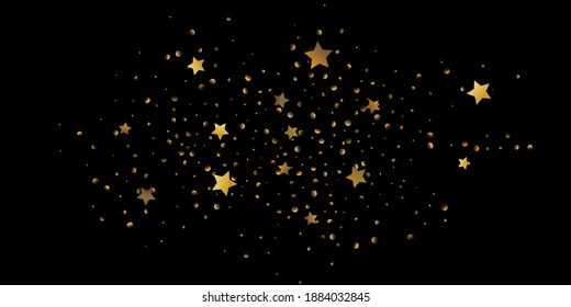 Star of confetti. Falling starry background. Random stars shine on a black background. The dark sky with shining stars. Flying confetti. Suitable for your design, cards, invitations, gifts. 