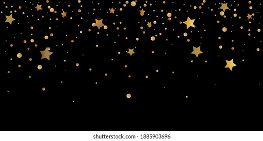 Star of confetti. Falling starry background. Random stars shine on a black background. The dark sky with shining stars. Flying confetti. Suitable for your design, cards, invitations, gifts. 