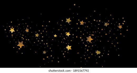 Star of confetti. Falling starry background. Random stars shine on a black background. The dark sky with shining stars. Flying confetti. Suitable for your design, cards, invitations, gifts. 