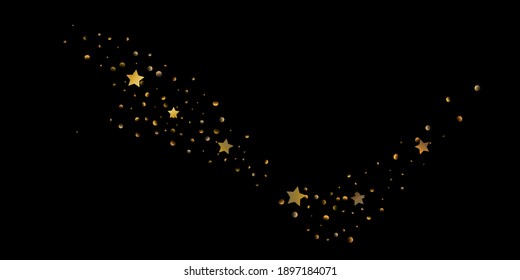 Star of confetti. Falling starry background. Random stars shine on a black background. The dark sky with shining stars. Flying confetti. Suitable for your design, cards, invitations, gifts. 