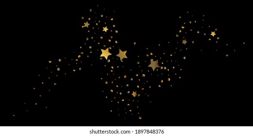 Star of confetti. Falling starry background. Random stars shine on a black background. The dark sky with shining stars. Flying confetti. Suitable for your design, cards, invitations, gifts. 