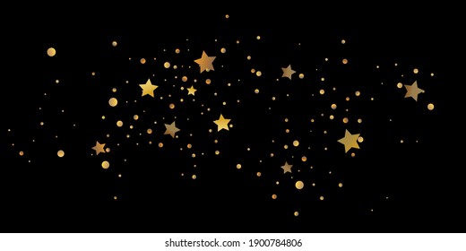 Star of confetti. Falling starry background. Random stars shine on a black background. The dark sky with shining stars. Flying confetti. Suitable for your design, cards, invitations, gifts. 