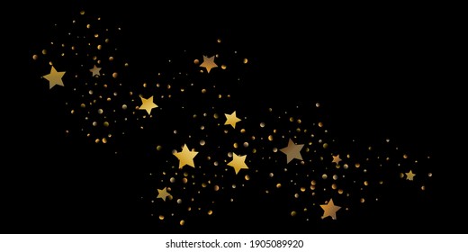 Star of confetti. Falling starry background. Random stars shine on a black background. The dark sky with shining stars. Flying confetti. Suitable for your design, cards, invitations, gifts. 