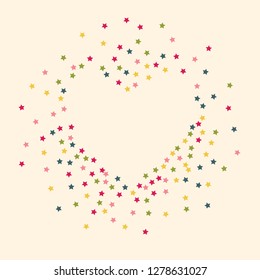 Star confetti. Flying stars on a pink background. A whirl of confetti. Blue, red and green stars.