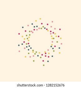 Star confetti. Flying stars on a pink background. A whirl of confetti. Blue, red and green stars.