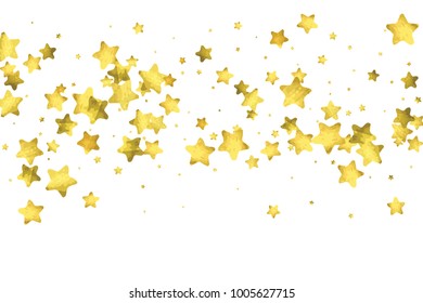 Star confetti. Gold random confetti background. Bright design template. Vector white and yellow cover template. Birthday or wedding invitation template. Abstract card for gifts. 2018 new year greeting