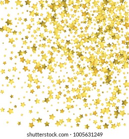 Star confetti. Gold random confetti background. Bright design template. Vector white and yellow cover template. Birthday or wedding invitation template. Abstract card for gifts. 2018 new year greeting