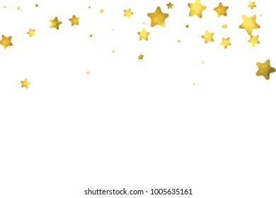 Star confetti. Gold random confetti background. Bright design template. Vector white and yellow cover template. Birthday or wedding invitation template. Abstract card for gifts. 2018 new year greeting
