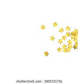 Star confetti. Gold random confetti background. Bright design template. Vector white and yellow cover template. Birthday or wedding invitation template. Abstract card for gifts. 2018 new year greeting