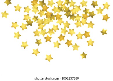 Star confetti. Gold random confetti background. Bright design template. Vector white and yellow cover template. Birthday or wedding invitation template. Abstract card for gifts. 2018 new year greeting