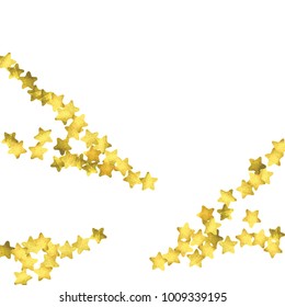 Star confetti. Gold random confetti background. Bright design template. Vector white and yellow cover template. Birthday or wedding invitation template. Abstract card for gifts. 2018 new year greeting