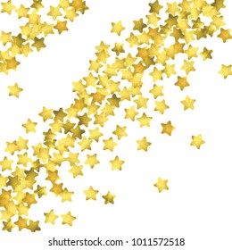 Star confetti. Gold random confetti background. Bright design template. Vector white and yellow cover template. Birthday or wedding invitation template. Abstract card for gifts. 2018 new year greeting