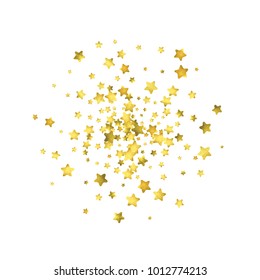 Star confetti. Gold random confetti background. Bright design template. Vector white and yellow cover template. Birthday or wedding invitation template. Abstract card for gifts. 2018 new year greeting
