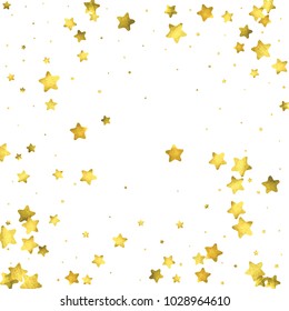 Star confetti. Gold random confetti background. Bright design template. Vector white and yellow cover template. Birthday or wedding invitation template. Abstract card for gifts. 2018 new year greeting