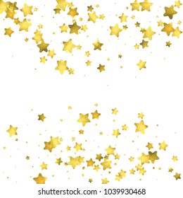 Star confetti. Gold random confetti background. Bright design template. Vector white and yellow cover template. Birthday or wedding invitation template. Abstract card for gifts. 2018 new year greeting