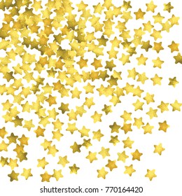 Star confetti. Gold random confetti background. Bright design template. Vector white and yellow cover template. Birthday or wedding invitation template. Abstract card for gifts. 2018 new year greeting