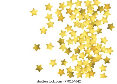 Star confetti. Gold random confetti background. Bright design template. Vector white and yellow cover template. Birthday or wedding invitation template. Abstract card for gifts. 2018 new year greeting