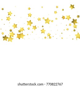 Star confetti. Gold random confetti background. Bright design template. Vector white and yellow cover template. Birthday or wedding invitation template. Abstract card for gifts. 2018 new year greeting