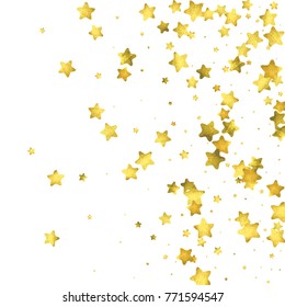 Star confetti. Gold random confetti background. Bright design template. Vector white and yellow cover template. Birthday or wedding invitation template. Abstract card for gifts. 2018 new year greeting