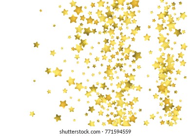 Star confetti. Gold random confetti background. Bright design template. Vector white and yellow cover template. Birthday or wedding invitation template. Abstract card for gifts. 2018 new year greeting