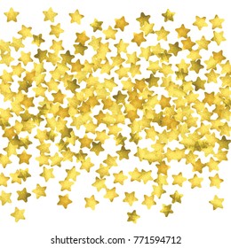 Star confetti. Gold random confetti background. Bright design template. Vector white and yellow cover template. Birthday or wedding invitation template. Abstract card for gifts. 2018 new year greeting