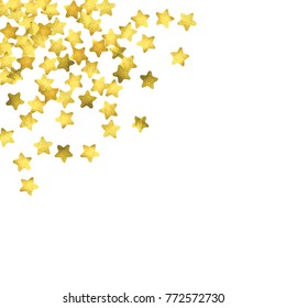 Star confetti. Gold random confetti background. Bright design template. Vector white and yellow cover template. Birthday or wedding invitation template. Abstract card for gifts. 2018 new year greeting