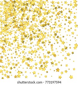 Star confetti. Gold random confetti background. Bright design template. Vector white and yellow cover template. Birthday or wedding invitation template. Abstract card for gifts. 2018 new year greeting