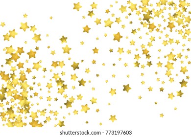 Star confetti. Gold random confetti background. Bright design template. Vector white and yellow cover template. Birthday or wedding invitation template. Abstract card for gifts. 2018 new year greeting