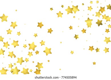 Star confetti. Gold random confetti background. Bright design template. Vector white and yellow cover template. Birthday or wedding invitation template. Abstract card for gifts. 2018 new year greeting