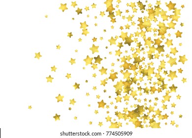 Star confetti. Gold random confetti background. Bright design template. Vector white and yellow cover template. Birthday or wedding invitation template. Abstract card for gifts. 2018 new year greeting