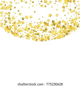 Star confetti. Gold random confetti background. Bright design template. Vector white and yellow cover template. Birthday or wedding invitation template. Abstract card for gifts. 2018 new year greeting