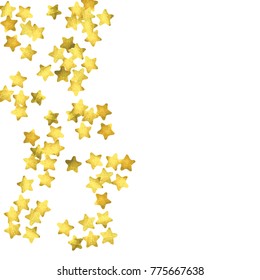 Star confetti. Gold random confetti background. Bright design template. Vector white and yellow cover template. Birthday or wedding invitation template. Abstract card for gifts. 2018 new year greeting