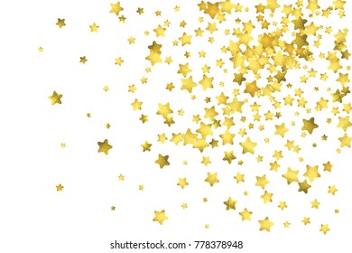 Star confetti. Gold random confetti background. Bright design template. Vector white and yellow cover template. Birthday or wedding invitation template. Abstract card for gifts. 2018 new year greeting