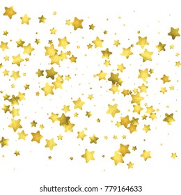 Star confetti. Gold random confetti background. Bright design template. Vector white and yellow cover template. Birthday or wedding invitation template. Abstract card for gifts. 2018 new year greeting