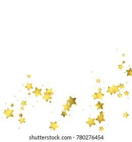 Star confetti. Gold random confetti background. Bright design template. Vector white and yellow cover template. Birthday or wedding invitation template. Abstract card for gifts. 2018 new year greeting