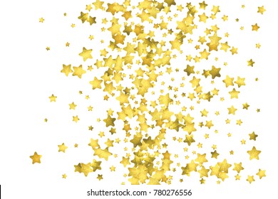 Star confetti. Gold random confetti background. Bright design template. Vector white and yellow cover template. Birthday or wedding invitation template. Abstract card for gifts. 2018 new year greeting