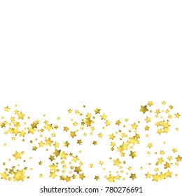 Star confetti. Gold random confetti background. Bright design template. Vector white and yellow cover template. Birthday or wedding invitation template. Abstract card for gifts. 2018 new year greeting