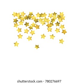 Star confetti. Gold random confetti background. Bright design template. Vector white and yellow cover template. Birthday or wedding invitation template. Abstract card for gifts. 2018 new year greeting