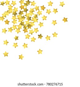 Star confetti. Gold random confetti background. Bright design template. Vector white and yellow cover template. Birthday or wedding invitation template. Abstract card for gifts. 2018 new year greeting