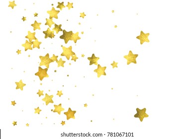 Star confetti. Gold random confetti background. Bright design template. Vector white and yellow cover template. Birthday or wedding invitation template. Abstract card for gifts. 2018 new year greeting