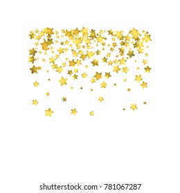 Star confetti. Gold random confetti background. Bright design template. Vector white and yellow cover template. Birthday or wedding invitation template. Abstract card for gifts. 2018 new year greeting