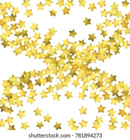 Star confetti. Gold random confetti background. Bright design template. Vector white and yellow cover template. Birthday or wedding invitation template. Abstract card for gifts. 2018 new year greeting