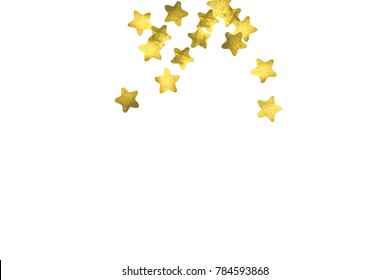 Star confetti. Gold random confetti background. Bright design template. Vector white and yellow cover template. Birthday or wedding invitation template. Abstract card for gifts. 2018 new year greeting
