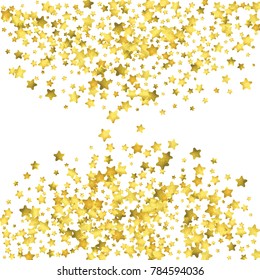 Star confetti. Gold random confetti background. Bright design template. Vector white and yellow cover template. Birthday or wedding invitation template. Abstract card for gifts. 2018 new year greeting