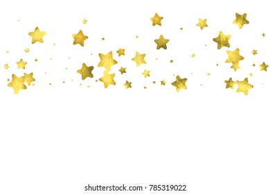 Star confetti. Gold random confetti background. Bright design template. Vector white and yellow cover template. Birthday or wedding invitation template. Abstract card for gifts. 2018 new year greeting