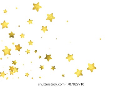 Star confetti. Gold random confetti background. Bright design template. Vector white and yellow cover template. Birthday or wedding invitation template. Abstract card for gifts. 2018 new year greeting