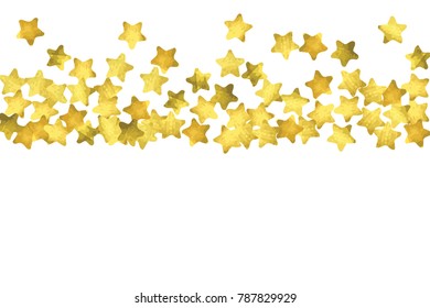 Star confetti. Gold random confetti background. Bright design template. Vector white and yellow cover template. Birthday or wedding invitation template. Abstract card for gifts. 2018 new year greeting